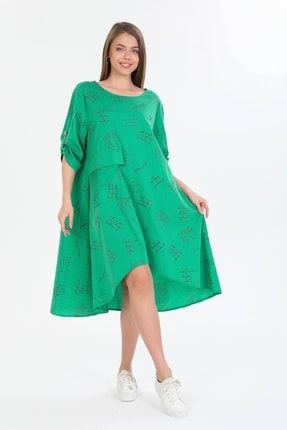 Yeşil Italyan Yazı Desenli Asimetrik Kesim Oversize Elbise ITL22EL915Y