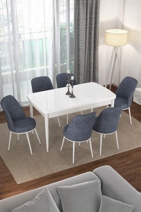 Bade 70x114 Mdf Beyaz Açılabilir Mutfak Masası Takımı 6 Sandalye BADE-2119