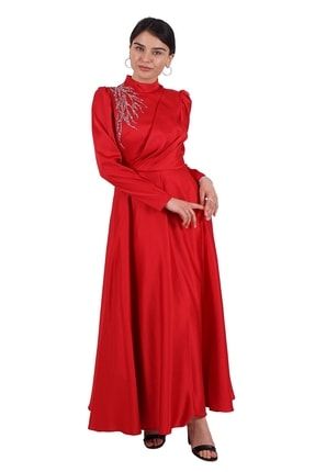 Kırmızı Taş Işlemeli Saten Tesettür Abiye Elbise P-0000007531