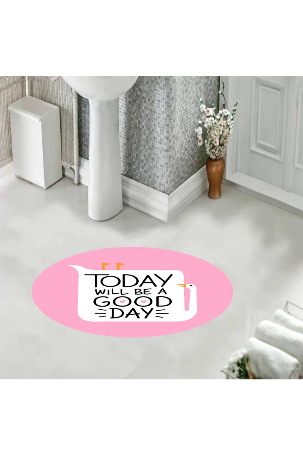 eco concept-, Bath Mat, White Duck Patterned with Pink Floor 80cmx80cm Round Non-Slip Base Carpet 1