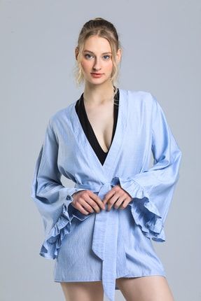 Mavi Pamuklu Keten Karışımlı Kuşaklı Kimono BAL-15