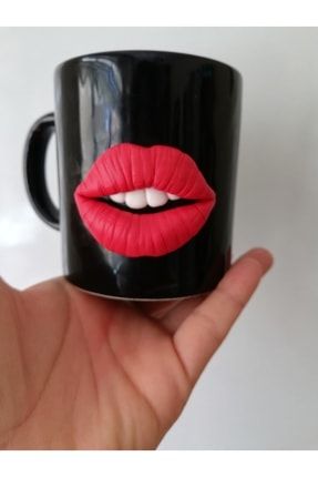 Kırmızı Ruj, Makyajlı Dudak Lips, Siyah Kupa Bardak Atad01