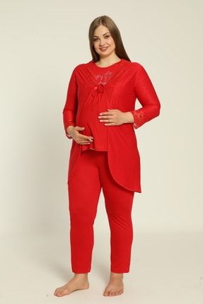 Büyük Beden Kırmızı Sabahlıklı Lohusa Pijama Takımı 3658