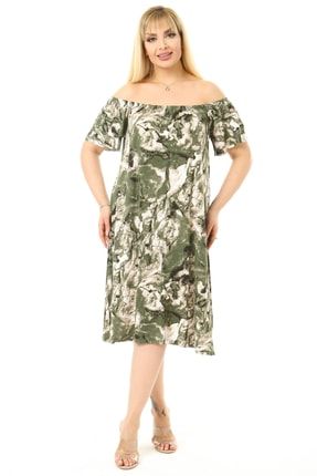 Kadın Yeşil Batik Desenli Carmen Yaka Elbise CRMN-BTK