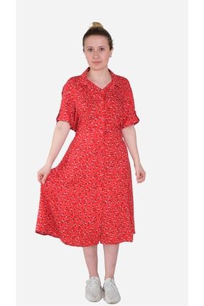 Türkoğlu Kadın Kırmızı Çicek Desenli Viskon Elbise 0770