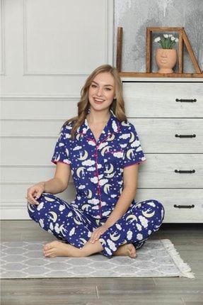 Kadın Mavi Renk Boydan Düğmeli Gömlek Yaka Uzun Kollu Bulut, Aydede, Tavşan Resimli Pijama Takımı BATRPT-M-1