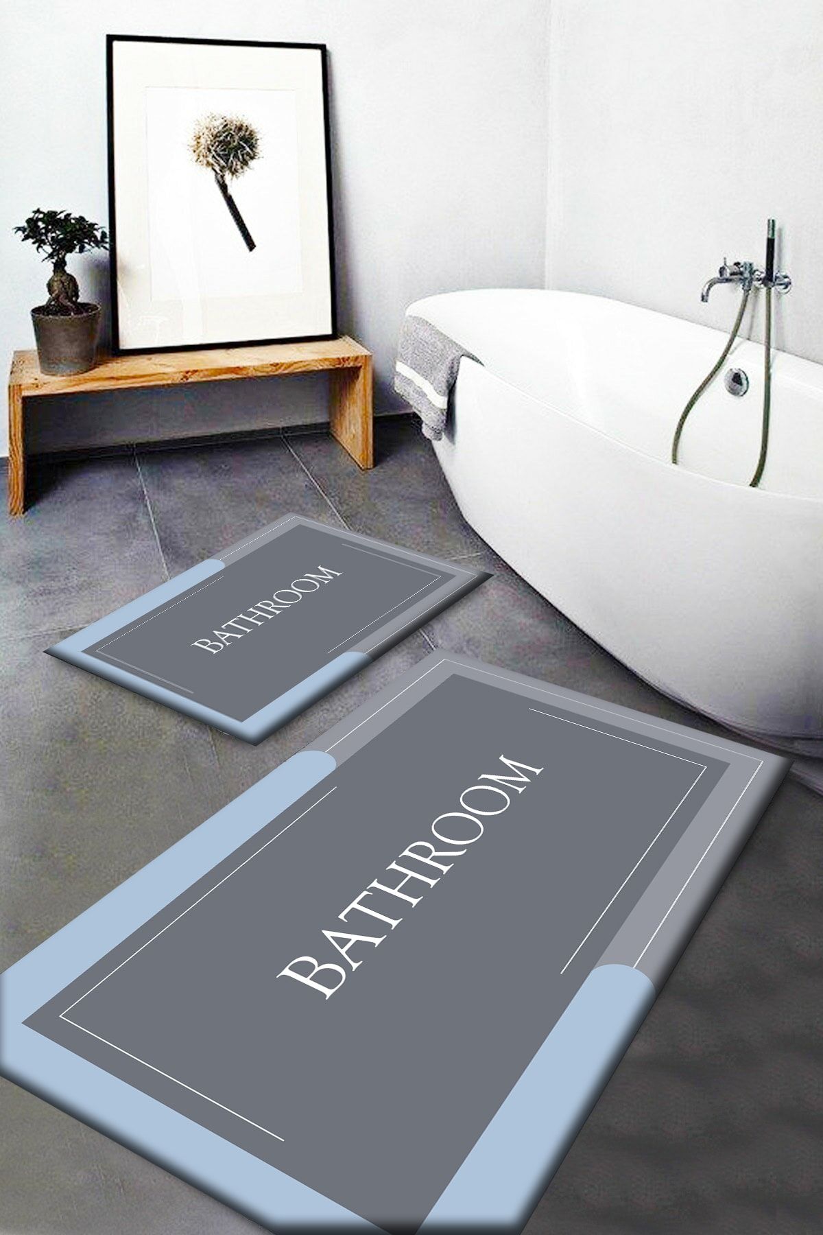 Else Dekor Blue Gray Bath Written Washable Non Slip 2 Piece