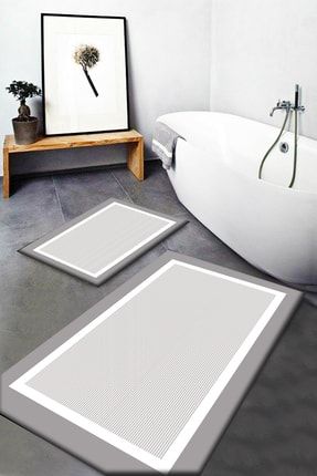 Gri Beyaz Desenli Yıkanabilir Kaymaz Taban 2li Banyo Halısı Paspas Klozet Takım Passo-4 elsedekorpsiskare