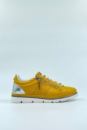 Kadın Sarı Gümüş Detaylı Hakiki Deri Yürüyüş Ayakkabısı Sneaker MAT106