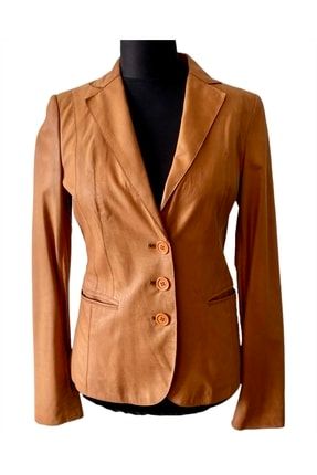 Hakiki Deri Taba Rengi Kadın Blazer Ceket A0278