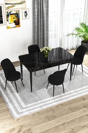 Bade 70x114 Mdf Siyah Mermer Desen Açılabilir Mutfak Masası Takımı 4 Siyah Sandalye BADE-7771