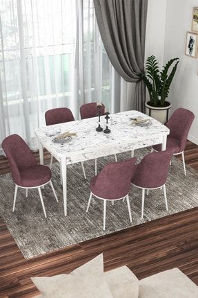 Bade 70x114 Mdf Beyaz Mermer Desen Açılabilir Mutfak Masası Takımı 6 Sandalye BADE-0809