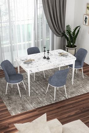 Bade 70x114 Mdf Beyaz Mermer Desen Açılabilir Mutfak Masası Takımı 4 Füme Sandalye BADE-7456