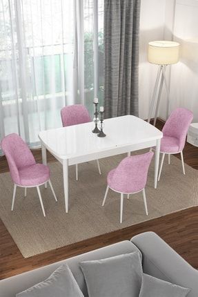 Bade 70x114 Mdf Beyaz Açılabilir Mutfak Masası Takımı 4 Pembe Sandalye BADE-8549
