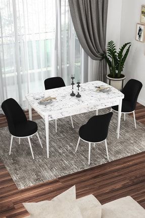 Bade 70x114 Mdf Beyaz Mermer Desen Açılabilir Mutfak Masası Takımı 4 Sandalye BADE-0606