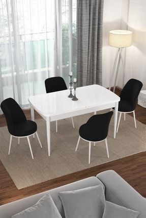 Bade 70x114 Mdf Beyaz Açılabilir Mutfak Masası Takımı 4 Siyah Sandalye BADE-5142