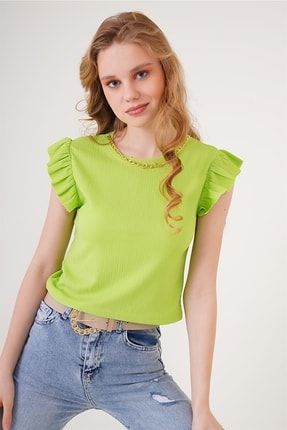 Kadın Yaka Zincir Detaylı Bluz Neon Yeşil 10079