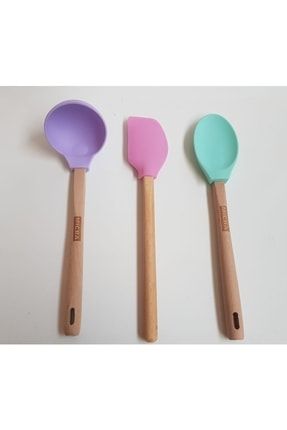3' Lü Bambu Saplı Silikon Kaşık-kepçe-spatula Seti - Renkli Bambu Saplı Silikon Set KEPÇE SETİ BAMBU 3 LÜ
