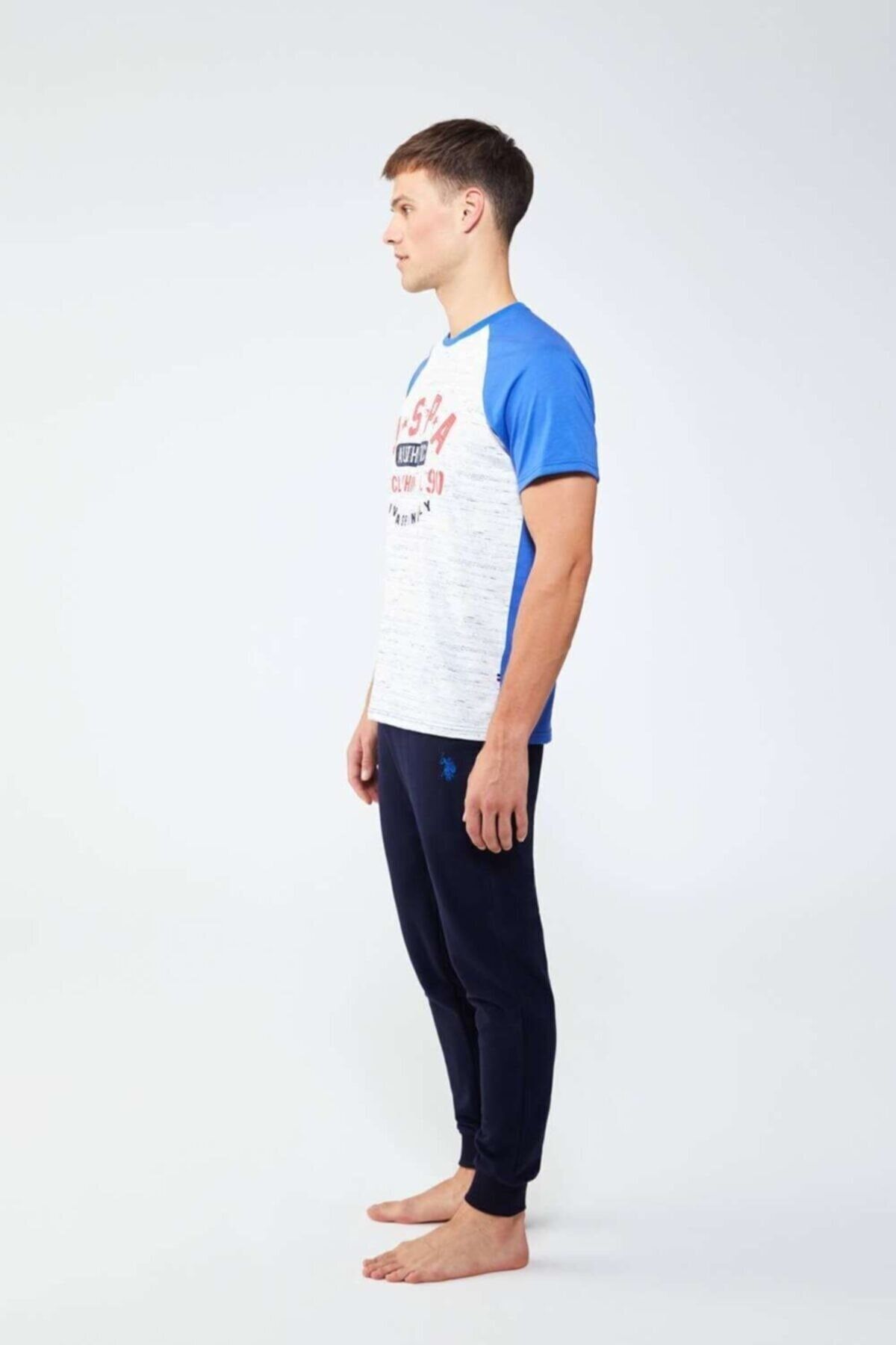 ست پیژامه آبی مردانه لباس خواب یقه گرد O18x5y66 U.S. Polo Assn.