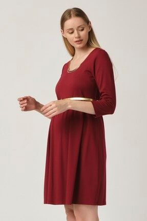 Hamile Çelik Kumaş Ve Yaka Aksesuarlı Günlük Elbise Bordo 5954