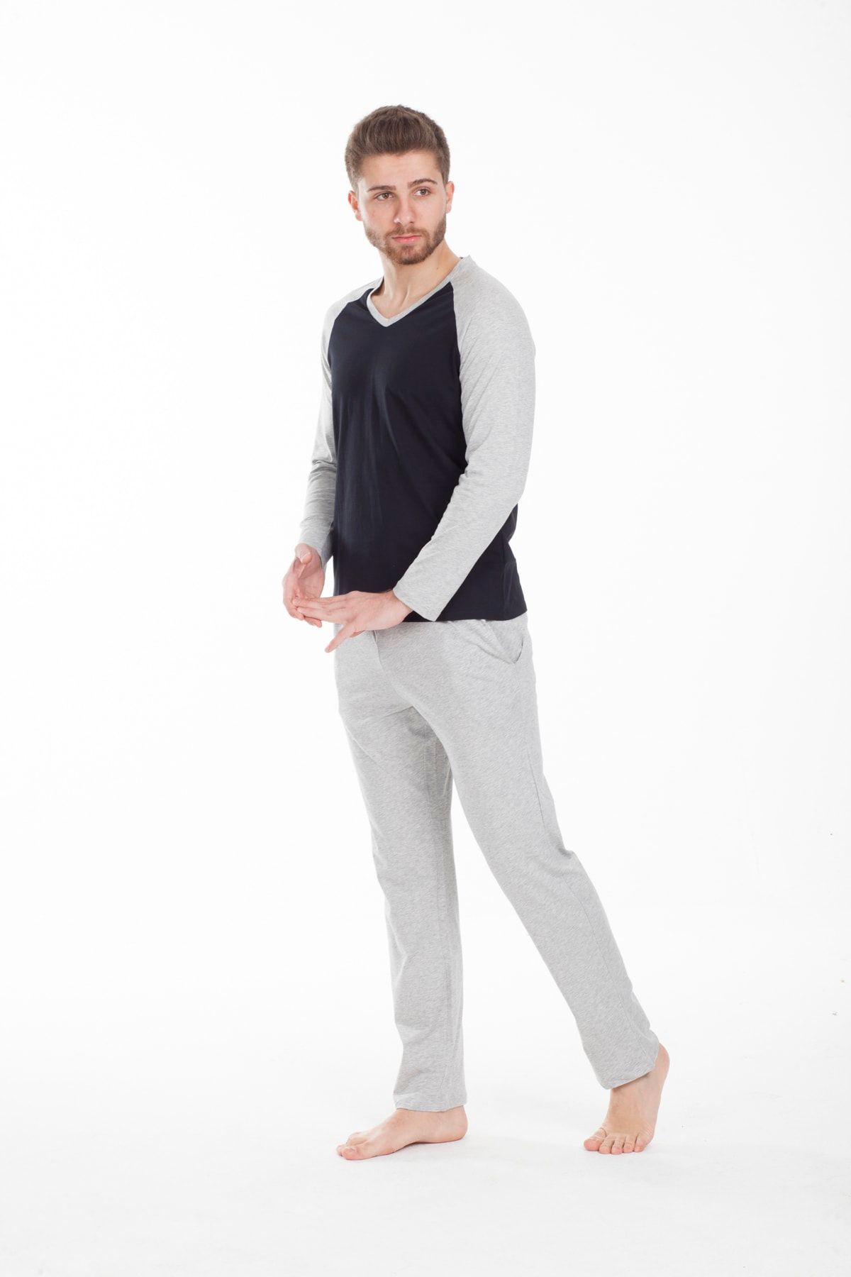 Moda Clubu Erkek Pijama Takımı Gri Siyah Reglan Kol ( Çift Pijama Kombini Yapıla Bilir )