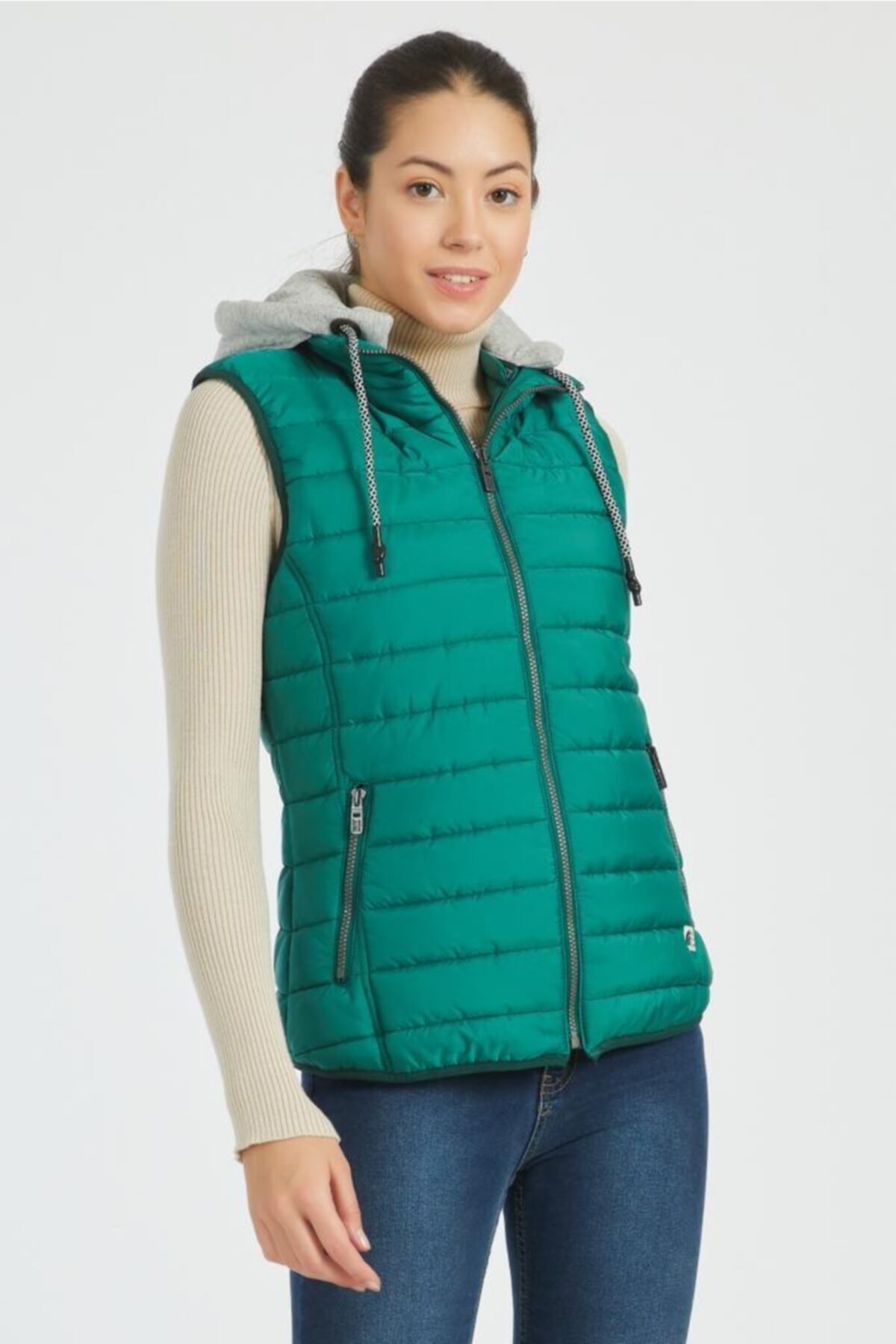 وایز جلیقه پفی زنانه کلاه دار نخی آستردار - سبز