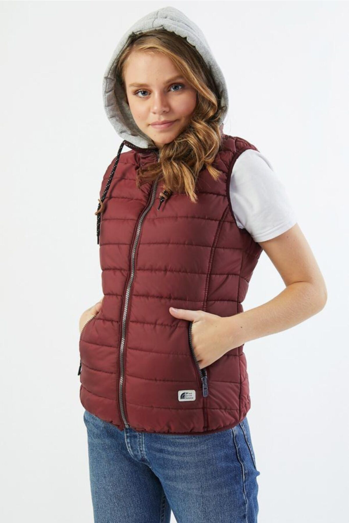 Wise-Women's Hooded Combed Cotton Lined Puffer Vest - burgundy 2