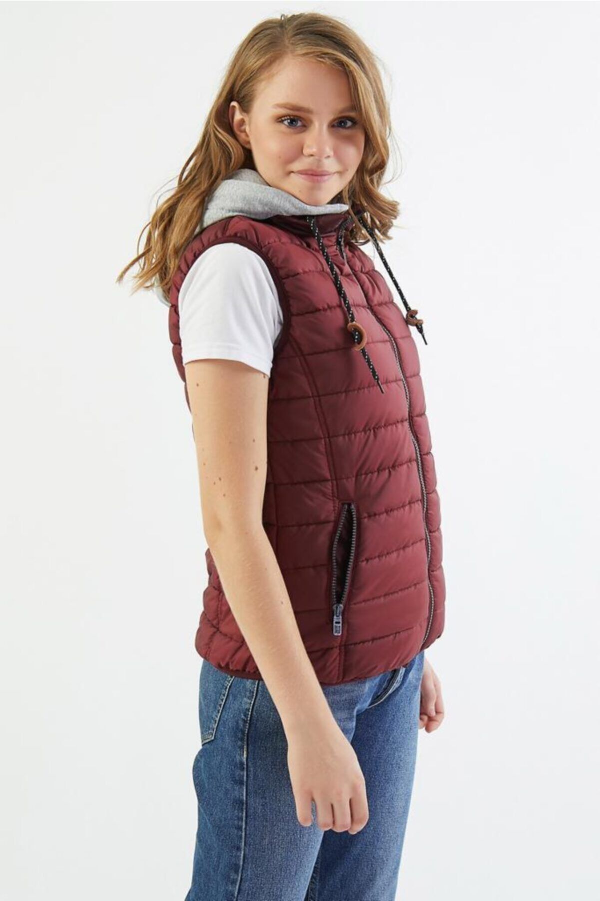 Wise-Women's Hooded Combed Cotton Lined Puffer Vest - burgundy 3