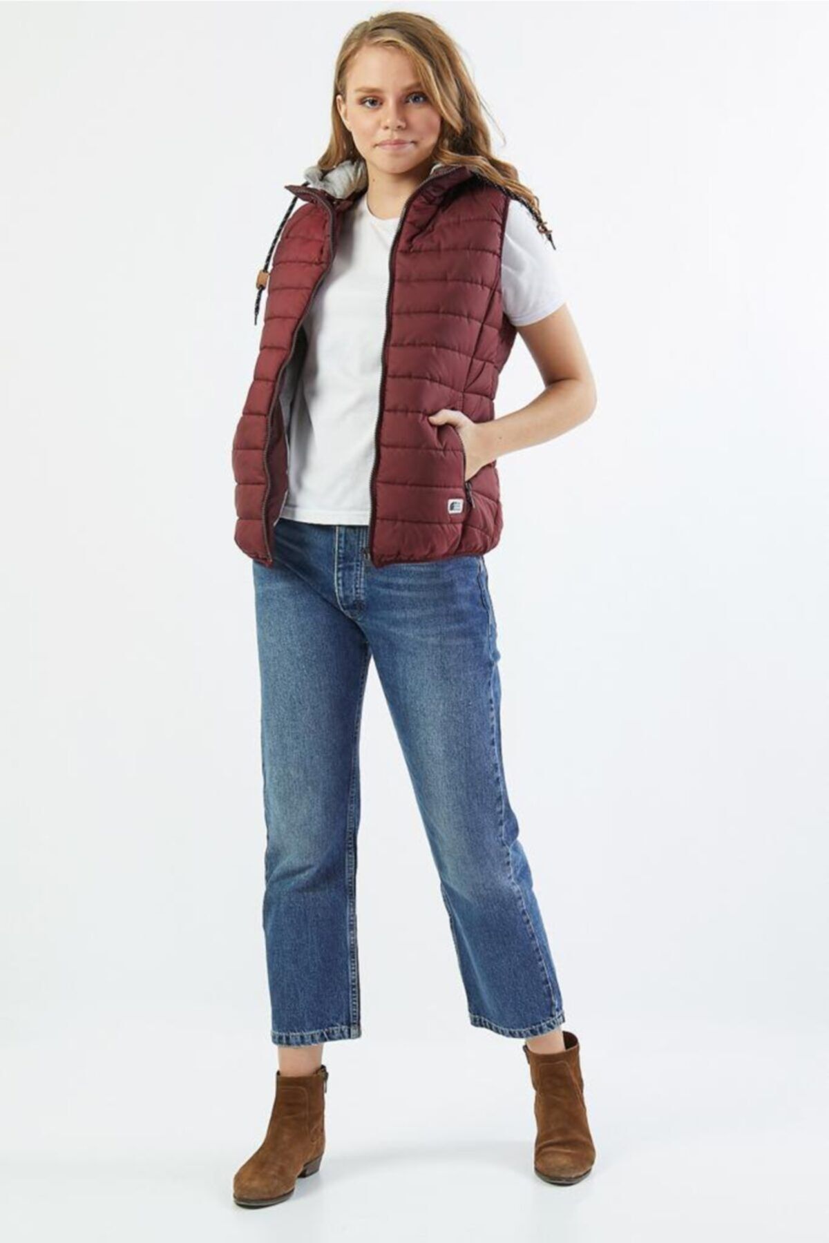Wise-Women's Hooded Combed Cotton Lined Puffer Vest - burgundy 4