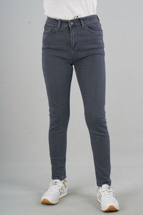 Kadın Gri Yüksek Bel Skinny Jeans PARILTI 4341