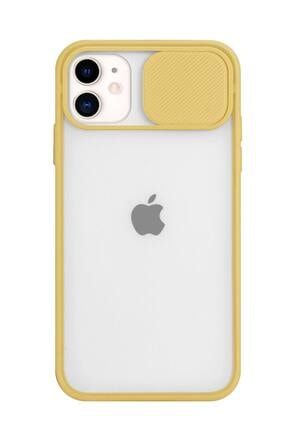 Iphone 11 6.1 Kamera Slayt Korumalı Sürgülü Sarı Şeffaf Telefon Kılıfı 11slytlime