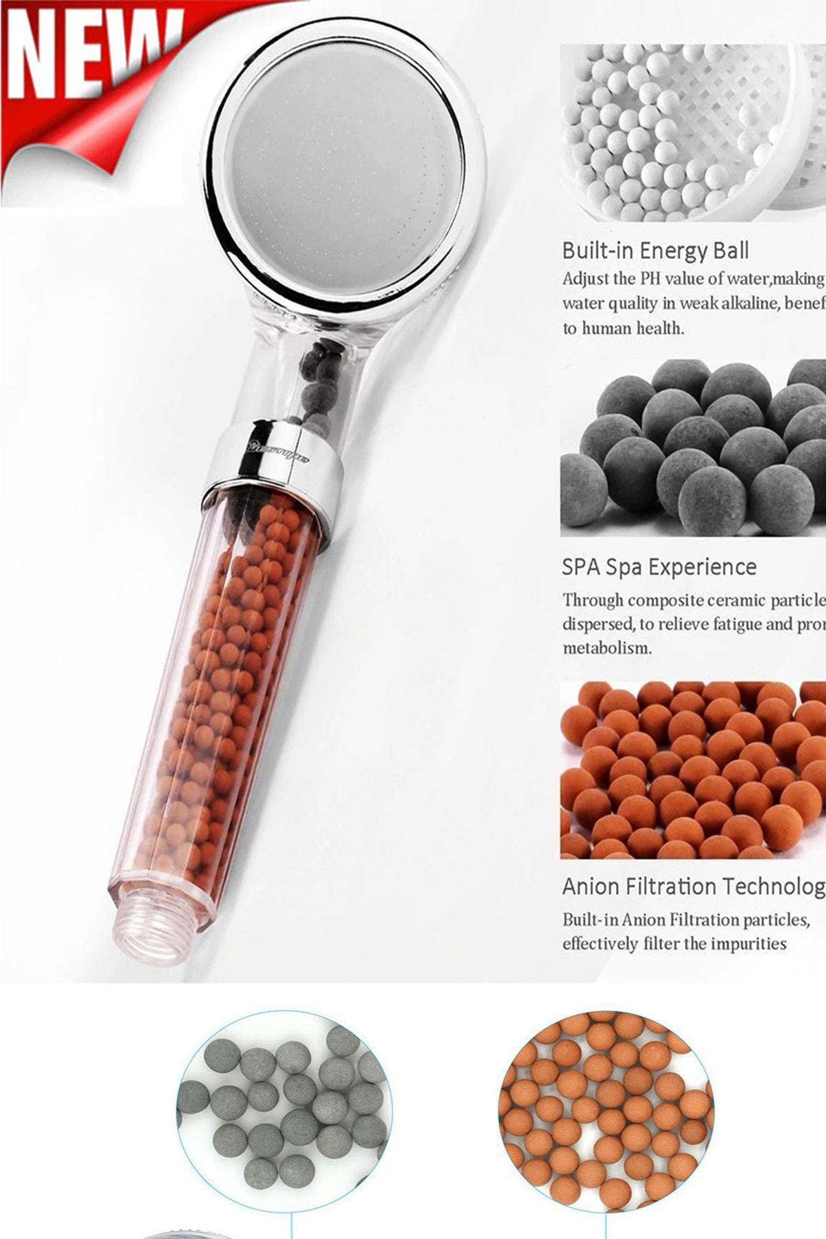 Purified Shower Head With Filter And Water Saving Ion Beads Stress Reducing Head