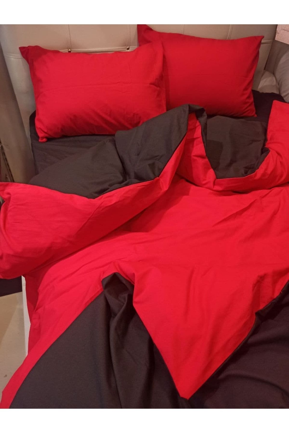 ŞENER HOME-Double Color Single Duvet Cover Set with Double Sided Usable Sheet Elastic - Red, Black 6