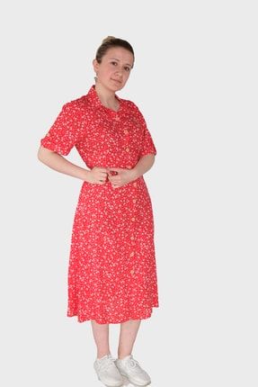 Kadın Kırmızı Papatya Desenli Gömlek Yaka Viskon Elbise 3010