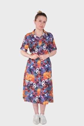 Kadın Mor Desenli Gömlek Yaka Şifon Elbise 3010