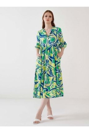 Yeşil Retro Desenli Elbise sd276
