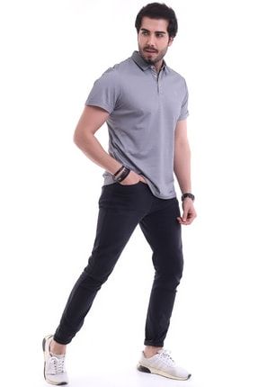 Gri Erkek Gömlek Yaka Düğme Detaylı Normal Kalıp T-shirt VRDN2230