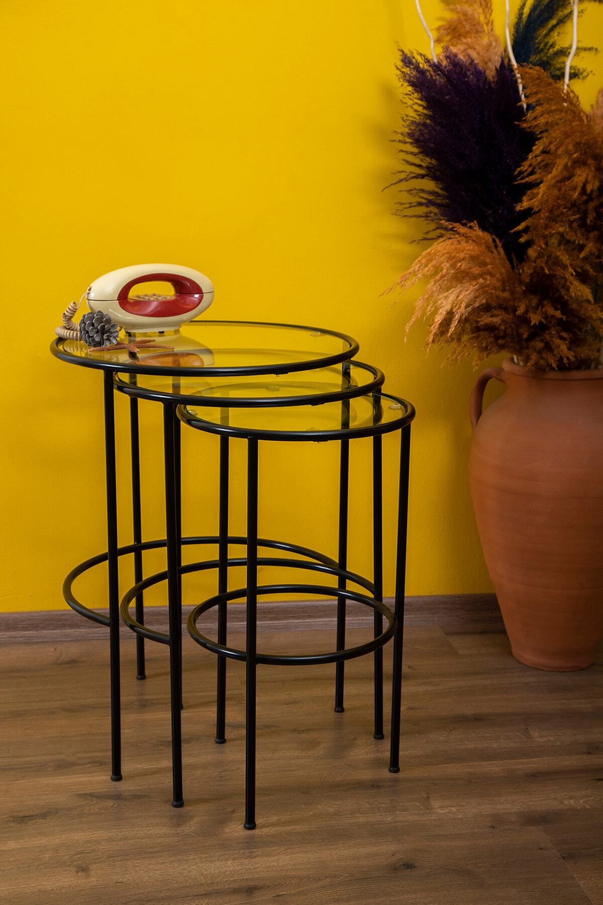 tino furniture Lotus 3'lü Şeffaf Camlı Siyah Zigon Yan Sehpa Fiyatı