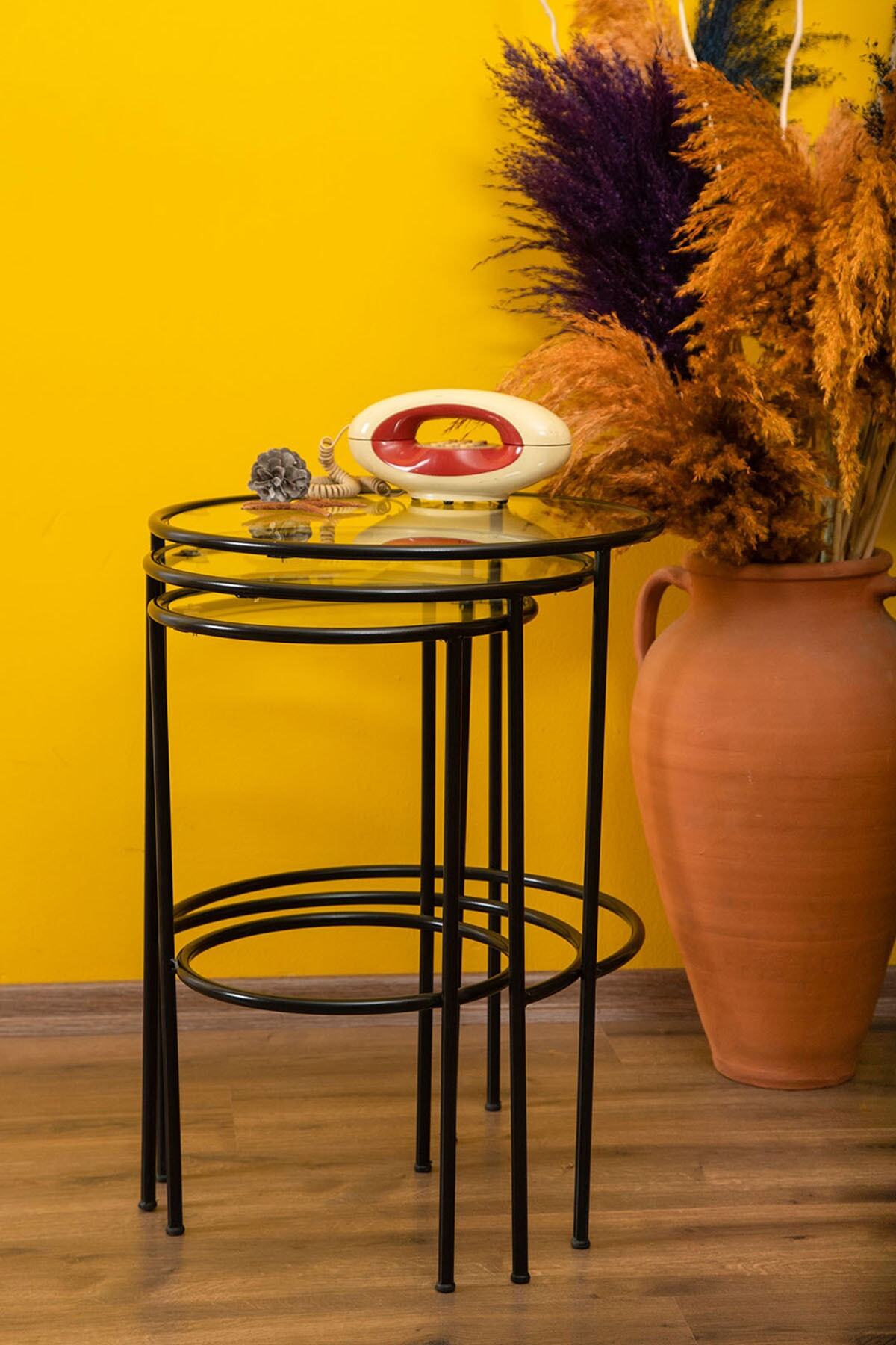 tino furniture Lotus 3'lü Şeffaf Camlı Siyah Zigon Yan Sehpa Fiyatı