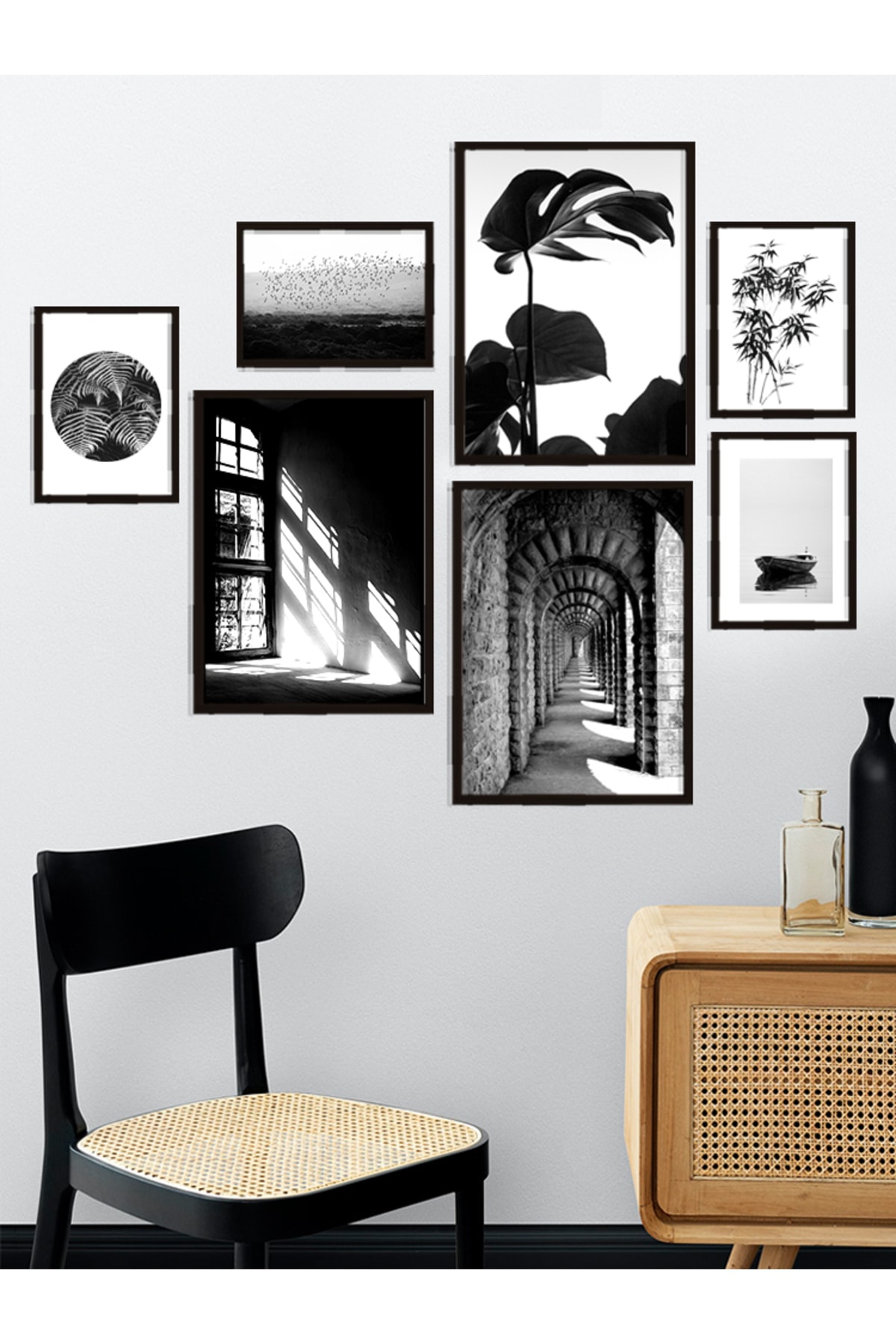Vetro Design Siyah Beyaz Detaylar Ahşap Çerçeveli Poster Set