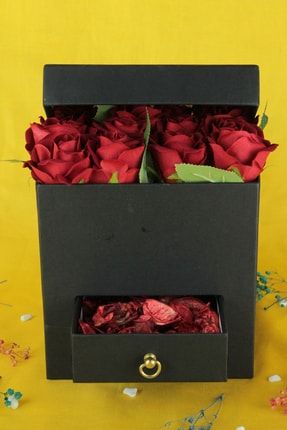 Kırmızı Güller 15 Adet Kutu Dolusu Siyah Çekmeceli Sevgiliye Hediye MC-1819