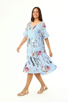 Açık Mavi Italyan Yazı Ve Floran Desenli Salaş Elbise BHMSTLITL95320-XL