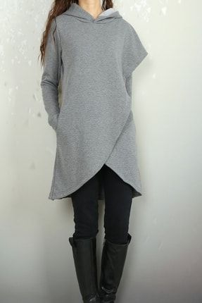 Kadın Gri Kapüşonlu Sweatshirt Tunik Elbise SWTKSWELBS