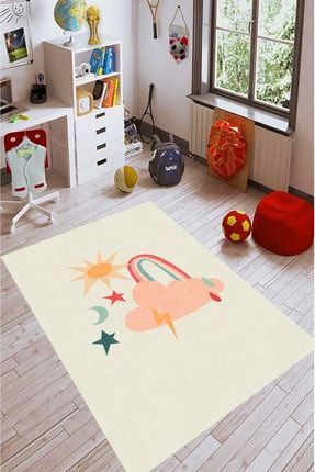 Kaymaz Dijital Baskılı Yıkanır Krem Renklı Bulut Yıldız Gunes Desenlı Bebek Odası Cocuk Odası Halısı GR9063