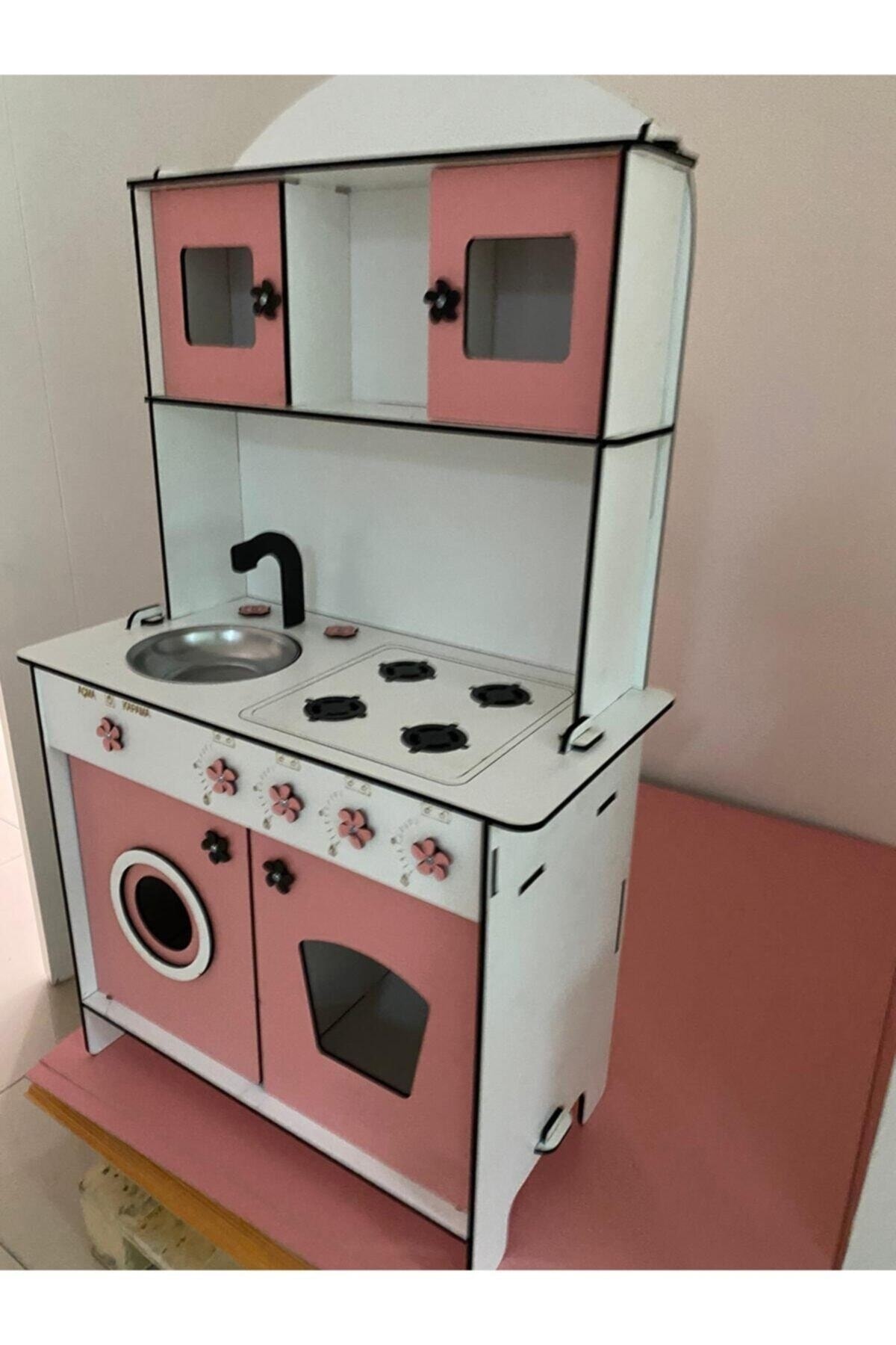 bahadır grup Büyük Boy Ahşap Oyuncak Mutfak Seti, Eğitici Montessori Mutfak Oyuncak Seti Çamaşır Makinalı-pembe