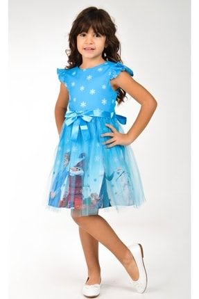 Kız Çocuk Elsa Baskılı Dantelli Elbise Tütü Elbise Elsa Çocuk Abiye Kostüm Elbise e1-elbise