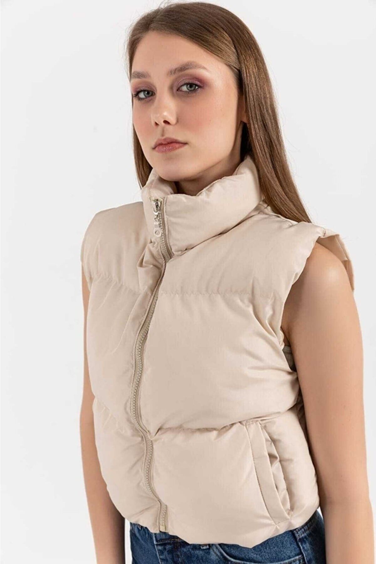 laughs-Vestă puf scurtă de culoare bej pentru femei Ylk0034 3