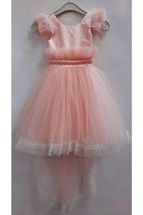 Kız Çocuk Etek Ucu Simli Beli Taşlı Kolu Modelli Somon Abiye Elbise KOLUMODELLİ3006