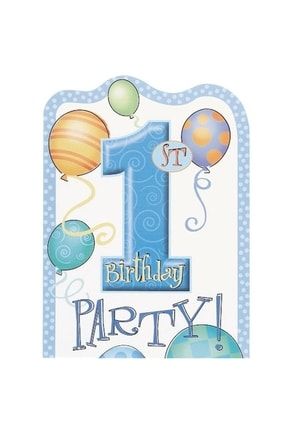 1 Yaş Doğum Günü Partisi Davetiyesi Mavi Renk 24 Adet prty34535353