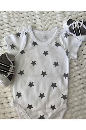 Beyaz Gri Yıldızlı Pamuklu Kısa Kollu Bebek Çıtçıtlı Bebek Zıbın Body YLZZBN3